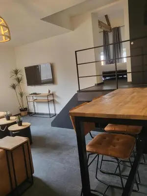 a living room with a wooden table and chairs at Loogiez in Tongeren