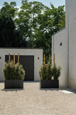 two potted plants in front of a garage at Luxury house 