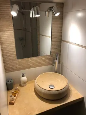 a bathroom with a sink with a mirror at Jacuzzi - BBq - Jardin - Garden Lodge - Le Tulipier in Olne