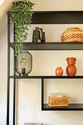 a set of black shelves with plants on them at Boshuisje Rekem - Topo in Lanaken