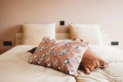 a bed with a pillow with birds on it at Eikenhoef in Lommel