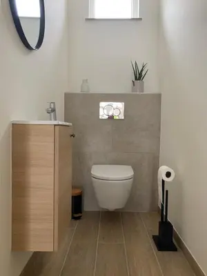 a bathroom with a toilet and a sink and a mirror at Vakantiewoning De Papendaler in Zutendaal