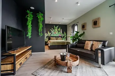 a living room with a couch and a table at La suite Ara, avec sauna in Liège