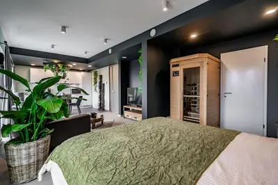 a bedroom with a bed and a living room at La suite Ara, avec sauna in Liège