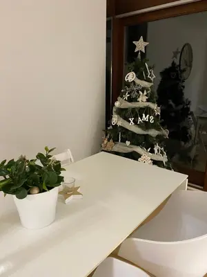a white table with a christmas tree in the background at Le Chalet du Pays de Herve in Herve