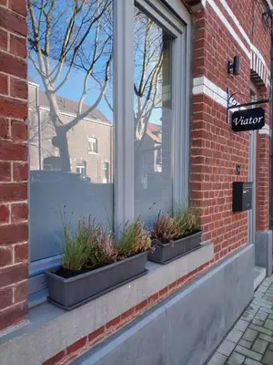 a window with three plants in a window sill at Viator Holidayhome in Tongeren