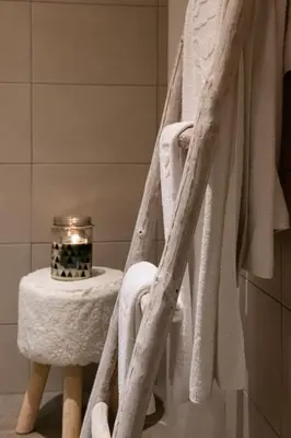 a towel ladder in a bathroom with a stool at Hôtel de la Tour in Melen