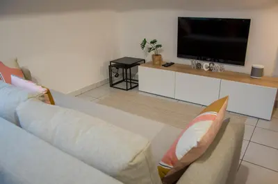 a living room with a couch and a flat screen tv at Trudo Loft in Sint-Truiden