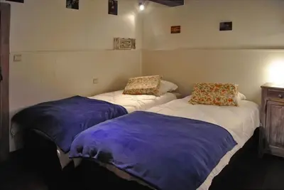 two beds in a room with purple and white sheets at Le Chat Roi - Charneux in Herve