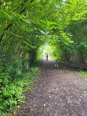 a man and a child walking down a path through a tunnel at Gîte de Trasenster in Trooz