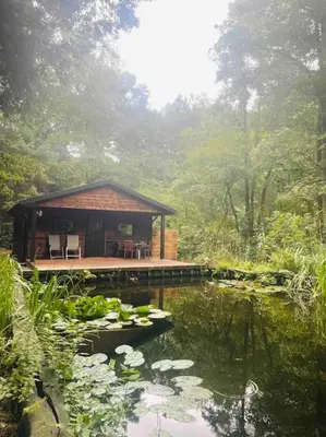 a cabin in the middle of a pond at Prachtige chalet in het bos met sauna! in Lanaken
