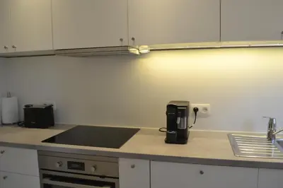 a kitchen with a sink and a counter top at De zwarte deur in Genk