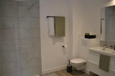 a bathroom with a toilet and a sink and a shower at De zwarte deur in Genk