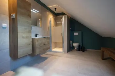 a bathroom with a shower and a toilet at Vakantiewoning Het Kwartelnest Mettekoven (Heers) in Heers