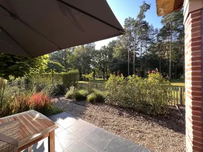 a patio with an umbrella and some plants at De Lelie in Rekem