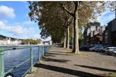 a sidewalk next to a body of water with trees at Logment Outremeuse 1D in Liège