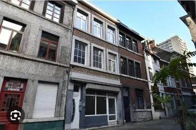 a brick building with white doors and windows on a street at Logment Outremeuse 1D in Liège