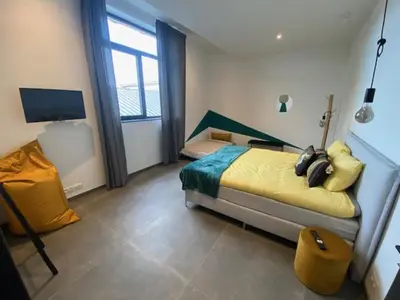 a bedroom with a bed and a television in it at Les Quais de la Vesdre in Verviers
