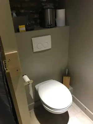 a bathroom with a white toilet in a room at Petite maison Liégeoise «la cabane de Liège» in Liège