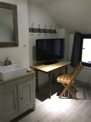 a bathroom with a television and a desk with a sink at Petite maison Liégeoise «la cabane de Liège» in Liège