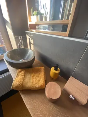 a bathroom with a sink and a counter with towels at Au saut du Train in Remicourt