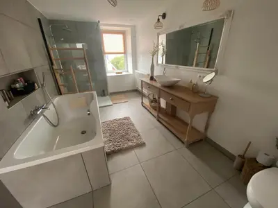 a bathroom with a tub and a sink and a mirror at Au saut du Train in Remicourt