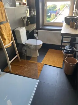 a bathroom with a toilet and a window at Au saut du Train in Remicourt
