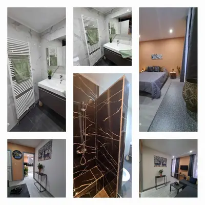 a collage of photos of a hotel room at Liege in Seraing