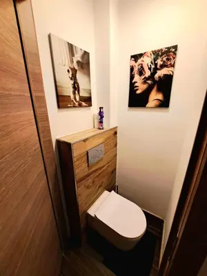 a small bathroom with a toilet and two pictures at Chambre dans une maison d'hote in Liège