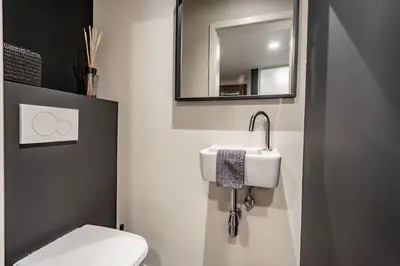 a bathroom with a toilet and a sink and a mirror at L'appart Léon, avec parking gratuit in Liège
