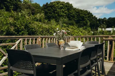 a black table with chairs and a vase of flowers at La Terrasse du Pré by WelcHome in Verviers