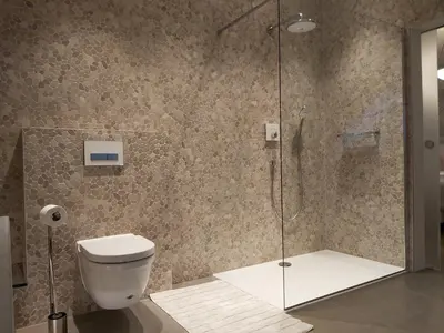 a bathroom with a toilet and a glass shower at B&B Asmara in Maasmechelen