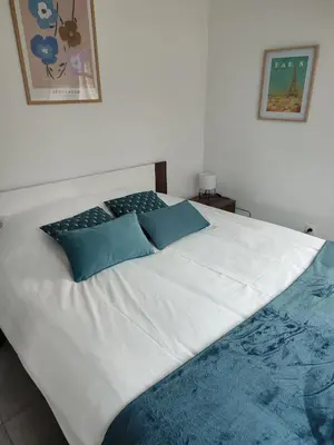 a large white bed with blue pillows on it at Le Gîte du Moulin - Modernity & Elegance - jacuzzi in Oupeye