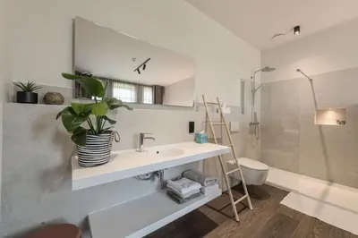 a bathroom with a sink and a toilet and a mirror at Hof van In & Wellness in Hasselt