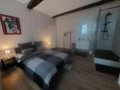 a large bedroom with a large bed and a shower at The Mind Box 2 in Liège