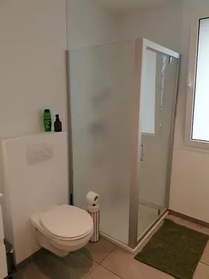 a bathroom with a toilet and a shower at Rent & Relax: Vitrabelle in Lommel