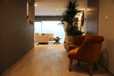 a living room with a chair and a plant at L'appart Baobab, avec sauna in Liège