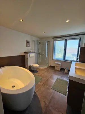 a large bathroom with a large tub and a toilet at Stadsparel Sint-Truiden in Sint-Truiden