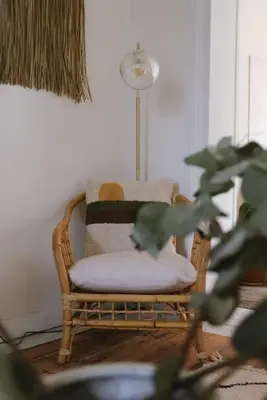 a chair in a room with a lamp and a plant at Superbe appartement avec cheminée in Verviers
