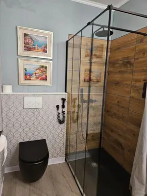 a bathroom with a shower with a black toilet at Lazy Olives in Tongeren
