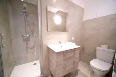 a bathroom with a shower and a sink and a toilet at Smart Appart - City Center Liege in Liège