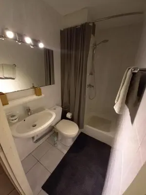 a bathroom with a sink and a toilet and a shower at Ap5 Nature Ardennes Economy class apartment in La Calamine