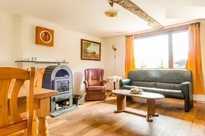 a living room with a couch and a fireplace at Farm Stay Luythoeve in Meeuwen