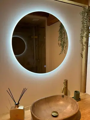 a bathroom with a circular sink and a mirror at Chalet Hoge Kempen in Zutendaal