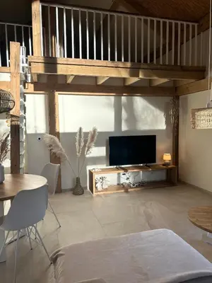 a living room with a television and a table at Chalet Hoge Kempen in Zutendaal
