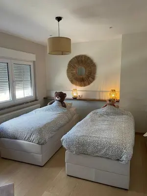 a bedroom with two beds and a mirror at Happiness at Lili in Verviers