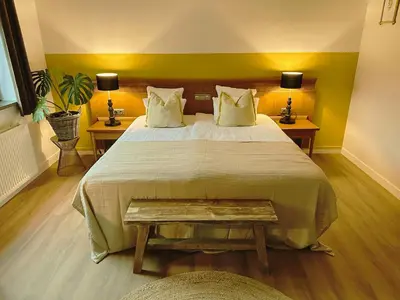 a bedroom with a large bed with two tables and two lamps at Guesthouse De Wissen in Dilsen-Stokkem