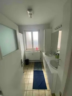 a bathroom with a sink and a window at Bel appartement spacieux Verviers in Verviers