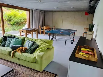 a dog laying on a couch in a living room at Sweet Valley View - Architectenwoning in Zutendaal