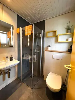 a bathroom with a shower and a toilet and a sink at WalHOME: Hohes Venn, 3 Grenzen, Natur in Walhorn